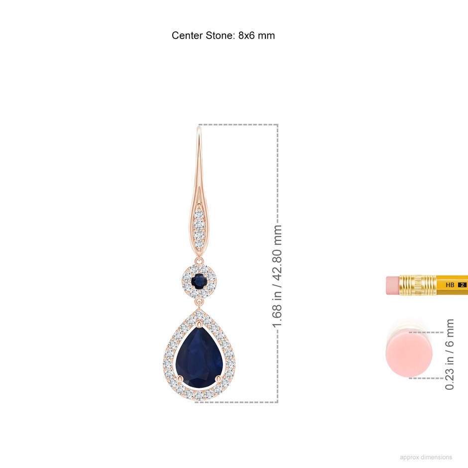 8x6mm A Round and Pear Sapphire Halo Leverback Earrings in Rose Gold ruler