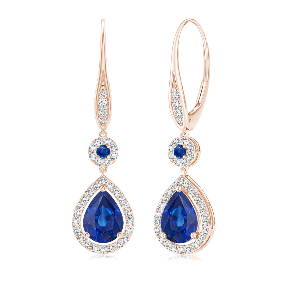 8x6mm AAA Round and Pear Sapphire Halo Leverback Earrings in Rose Gold 