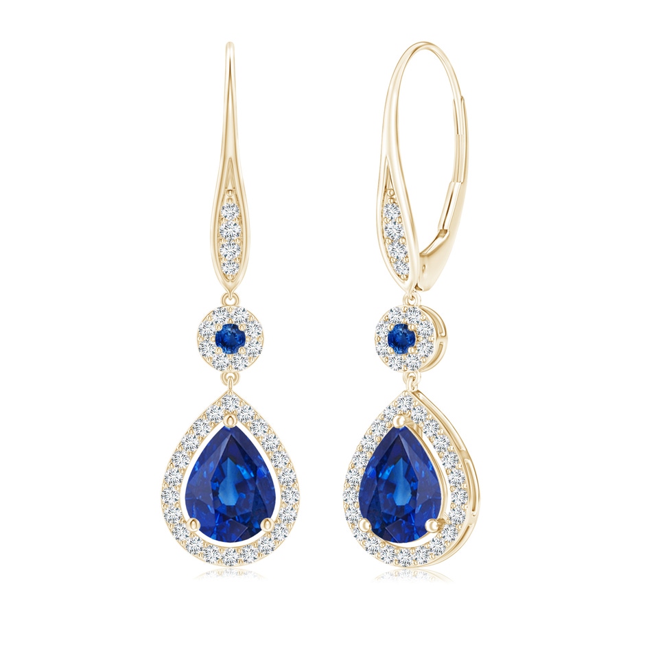 8x6mm AAA Round and Pear Sapphire Halo Leverback Earrings in Yellow Gold 