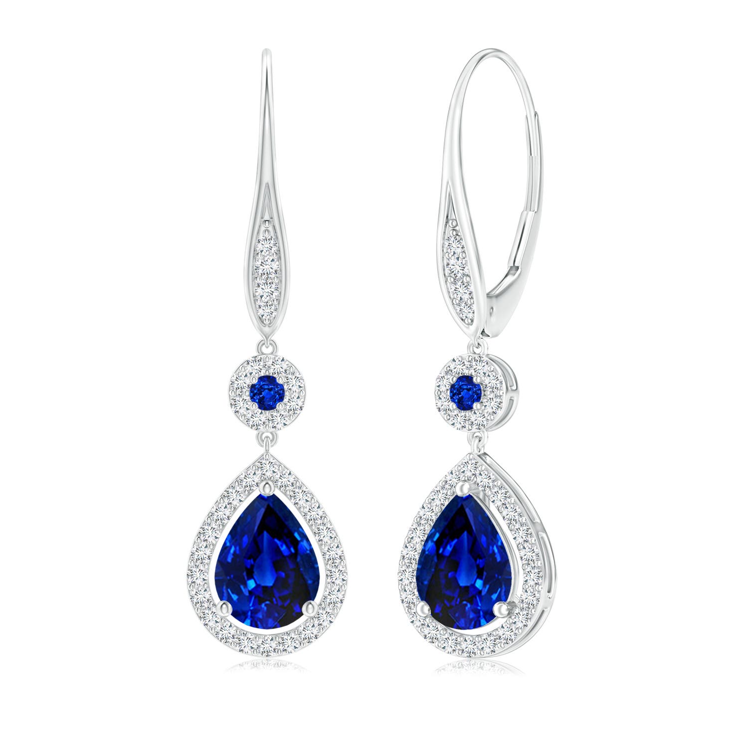 8x6mm AAAA Round and Pear Sapphire Halo Leverback Earrings in 18K White Gold