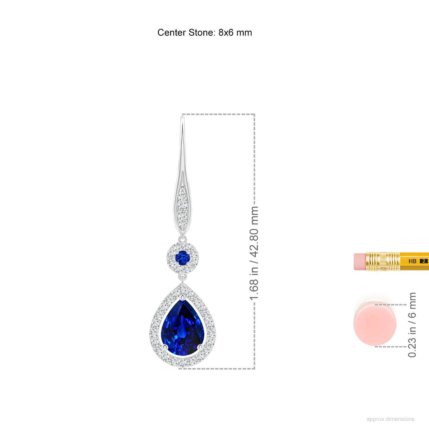 8x6mm AAAA Round and Pear Sapphire Halo Leverback Earrings in White Gold - ruler