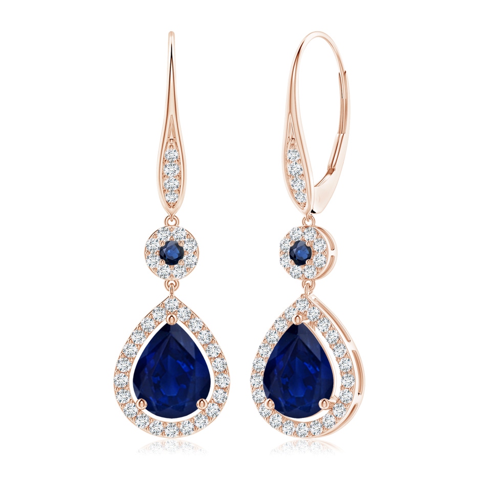 9x7mm AA Round and Pear Sapphire Halo Leverback Earrings in Rose Gold 