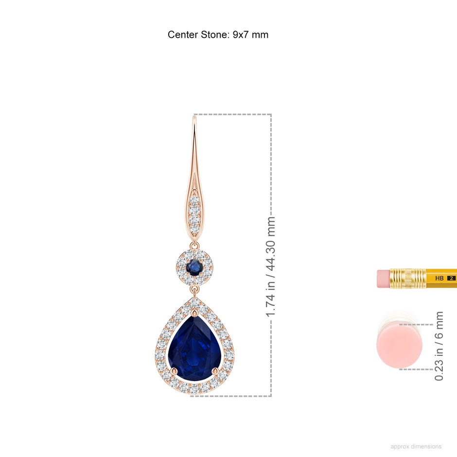 9x7mm AA Round and Pear Sapphire Halo Leverback Earrings in Rose Gold ruler