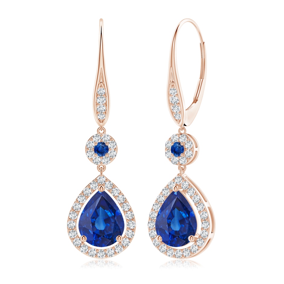 9x7mm AAA Round and Pear Sapphire Halo Leverback Earrings in 18K Rose Gold 