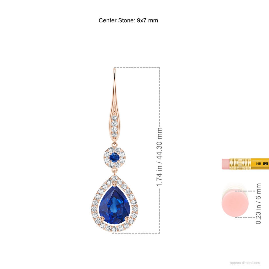 9x7mm AAA Round and Pear Sapphire Halo Leverback Earrings in 18K Rose Gold ruler