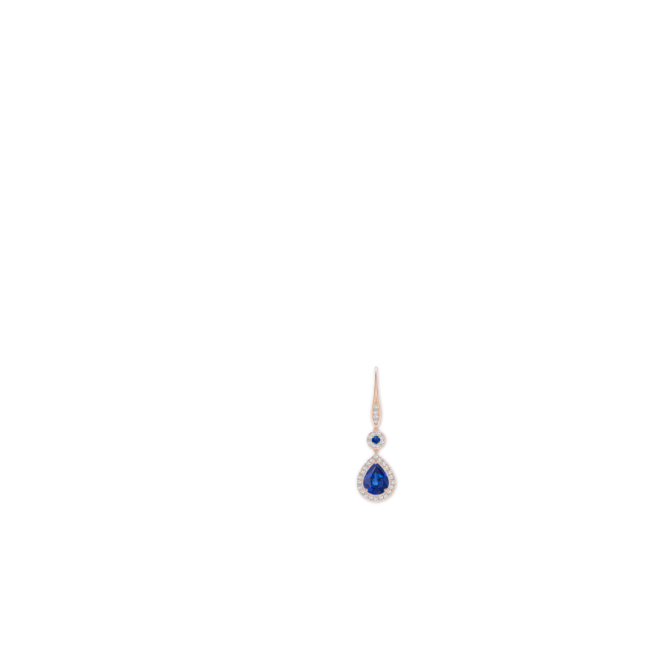 9x7mm AAA Round and Pear Sapphire Halo Leverback Earrings in 18K Rose Gold ear