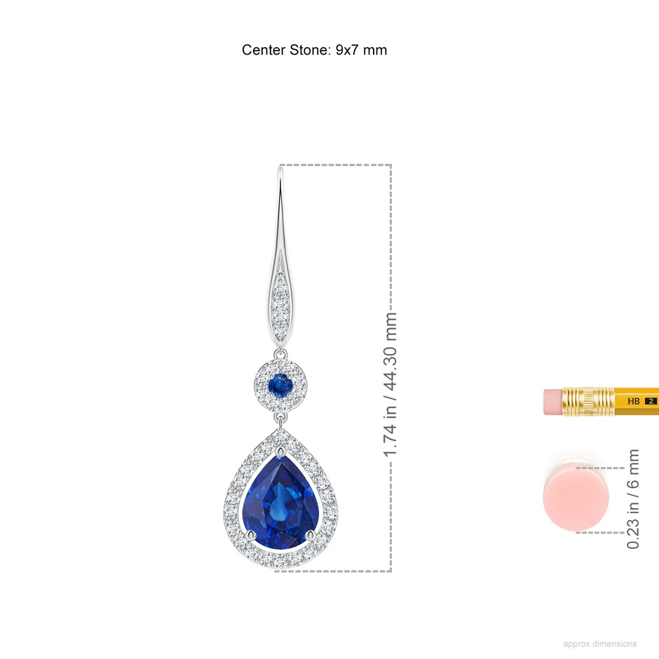 9x7mm AAA Round and Pear Sapphire Halo Leverback Earrings in White Gold ruler