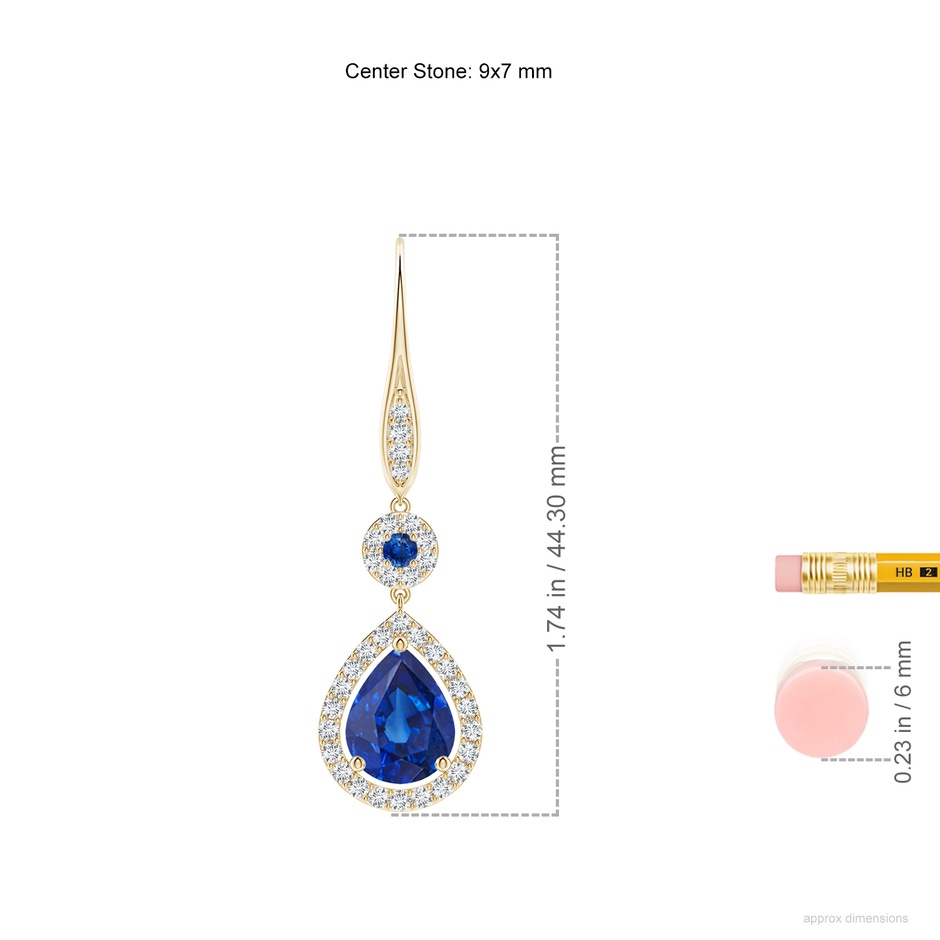 9x7mm AAA Round and Pear Sapphire Halo Leverback Earrings in Yellow Gold ruler