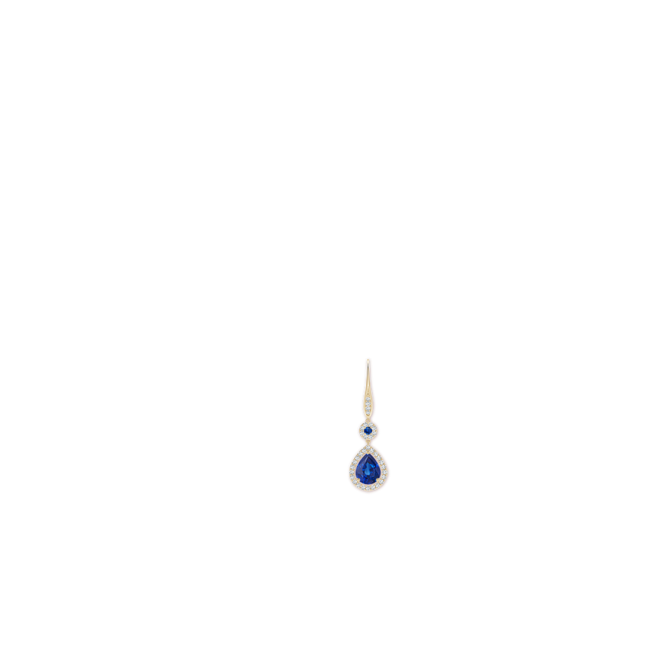 9x7mm AAA Round and Pear Sapphire Halo Leverback Earrings in Yellow Gold ear