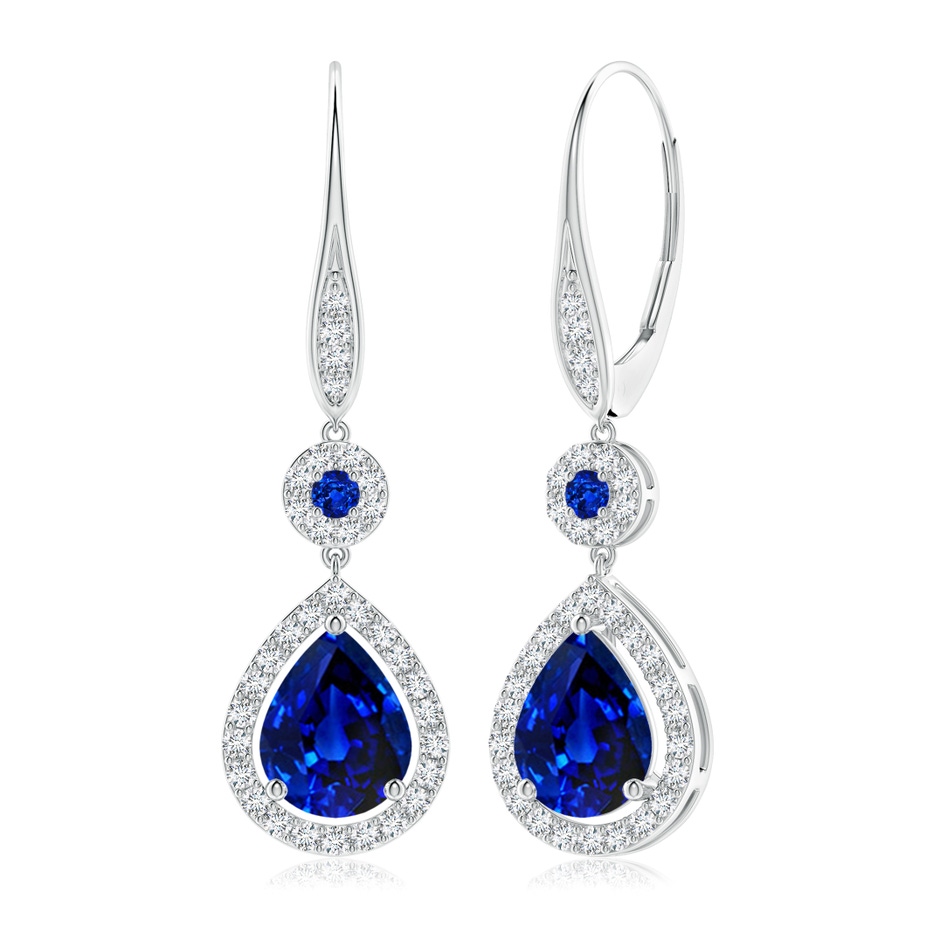 9x7mm AAAA Round and Pear Sapphire Halo Leverback Earrings in 18K White Gold 