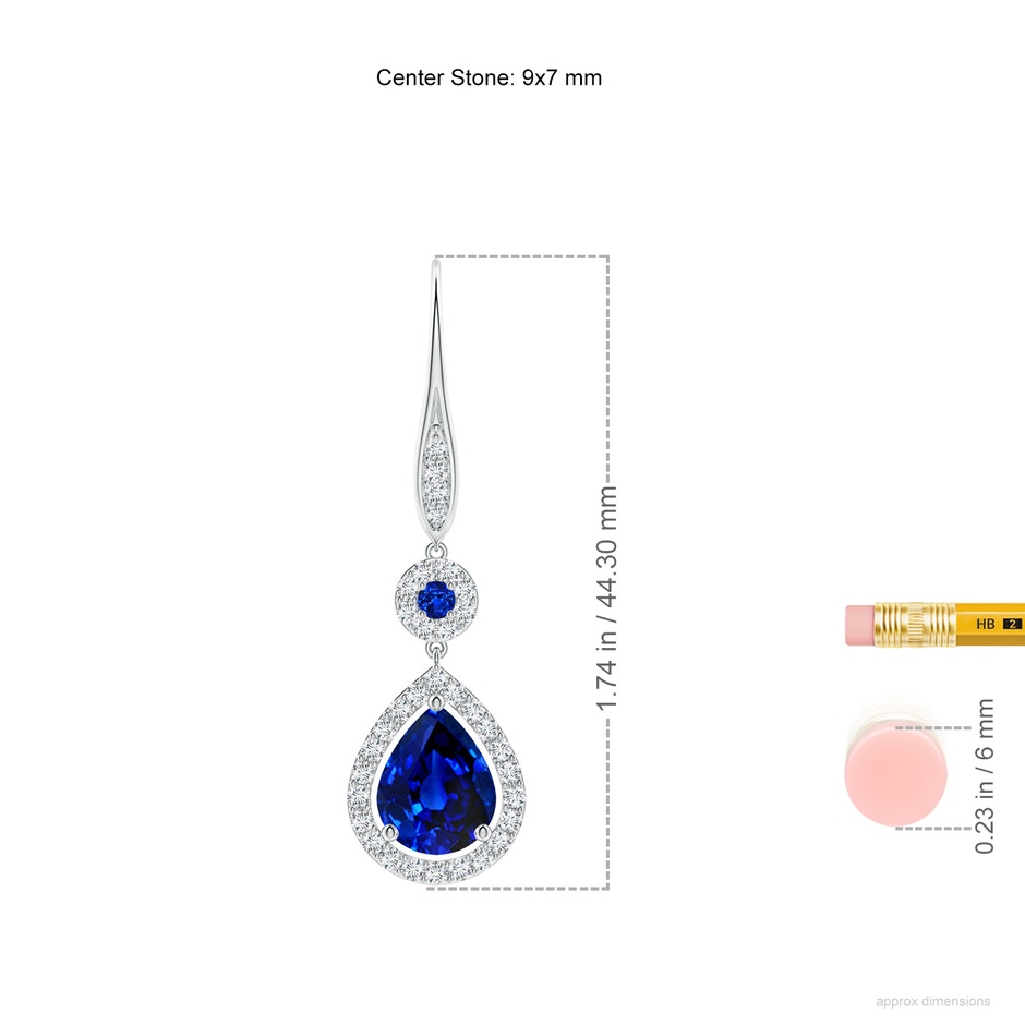 9x7mm AAAA Round and Pear Sapphire Halo Leverback Earrings in 18K White Gold ruler