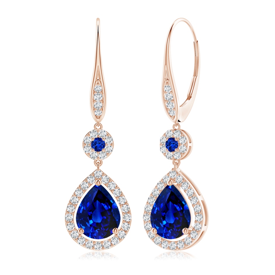 9x7mm AAAA Round and Pear Sapphire Halo Leverback Earrings in Rose Gold 