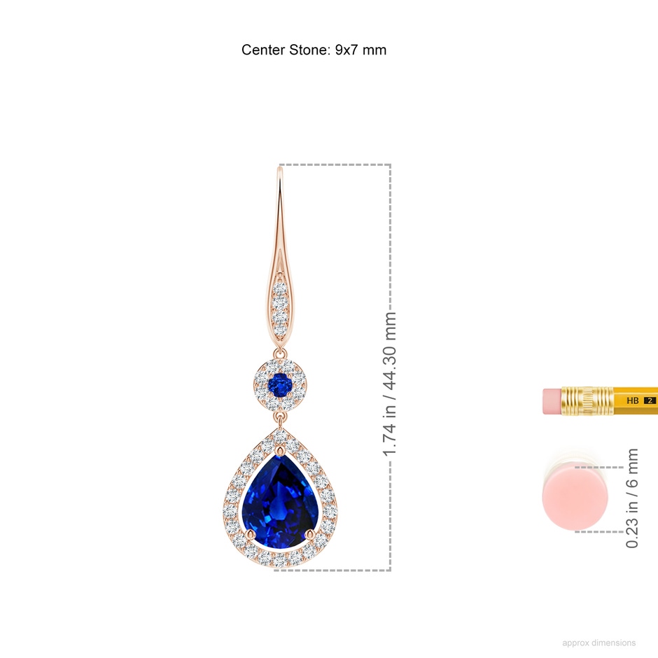 9x7mm AAAA Round and Pear Sapphire Halo Leverback Earrings in Rose Gold ruler