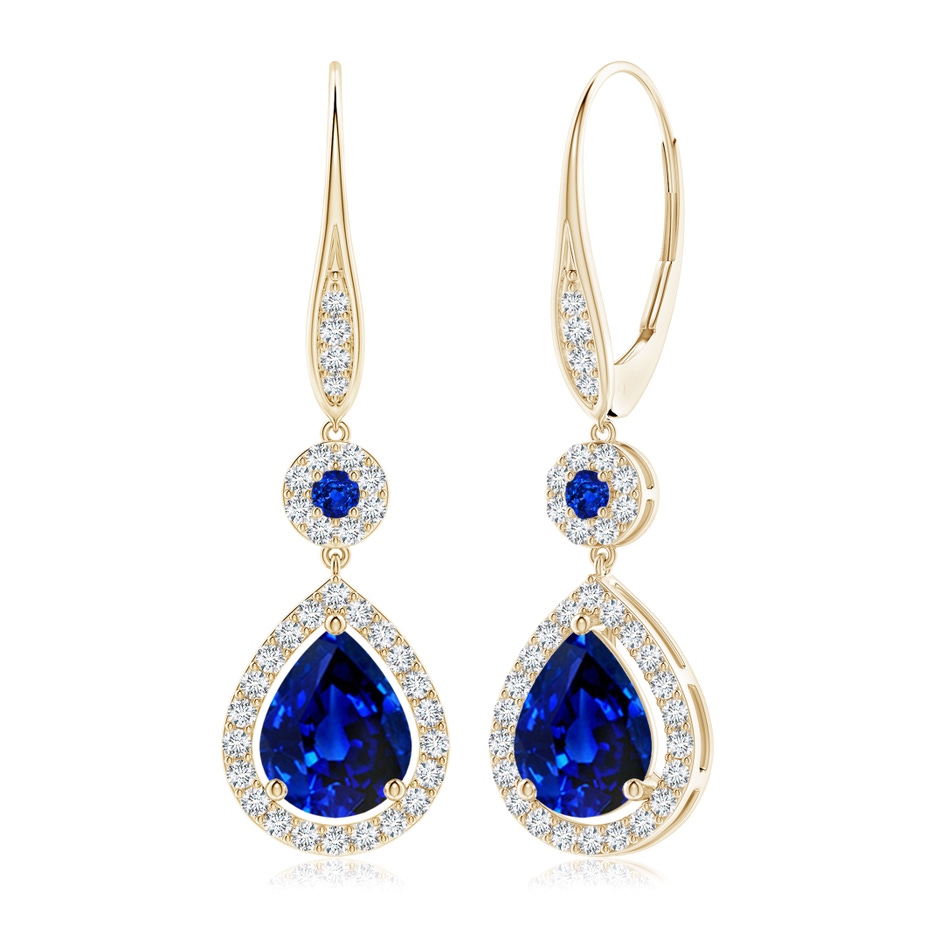 9x7mm AAAA Round and Pear Sapphire Halo Leverback Earrings in Yellow Gold 