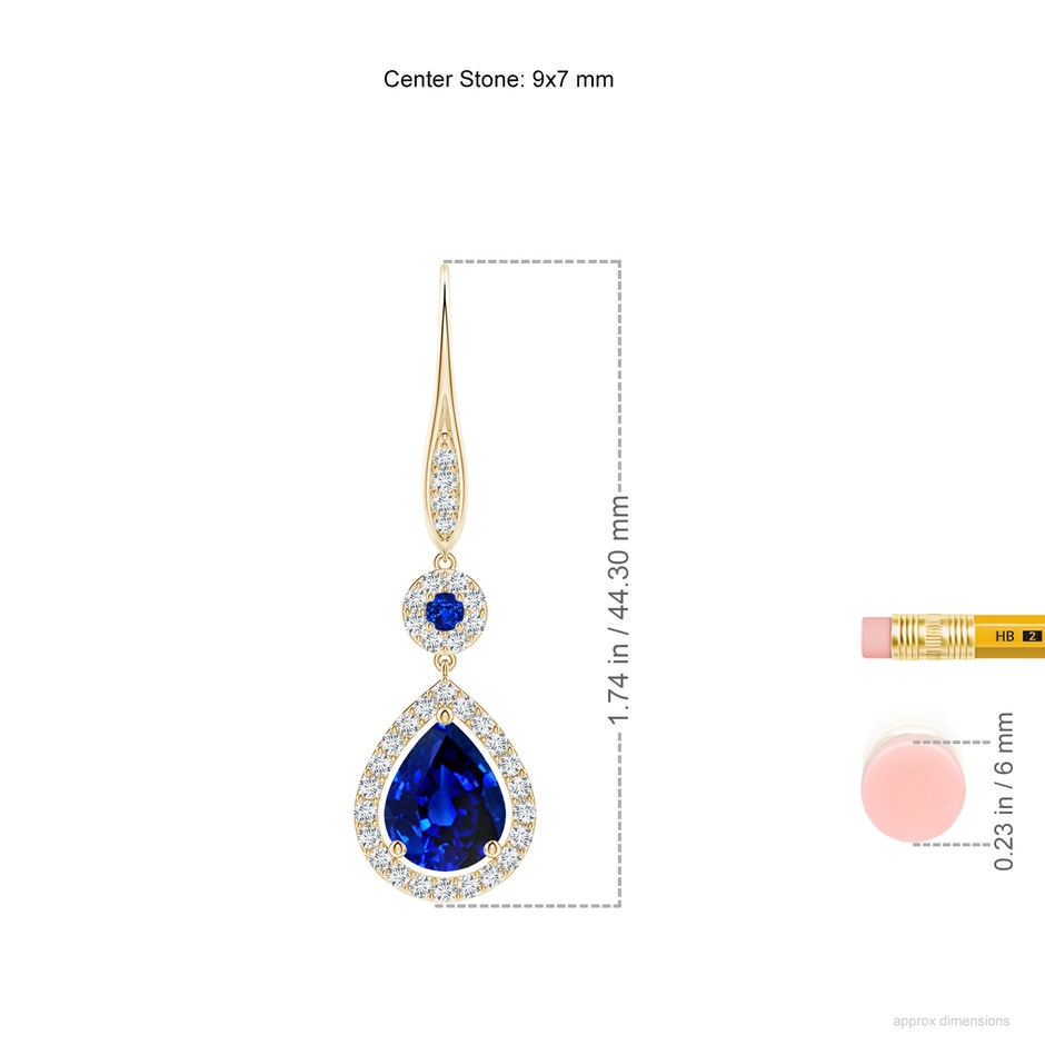 9x7mm AAAA Round and Pear Sapphire Halo Leverback Earrings in Yellow Gold ruler