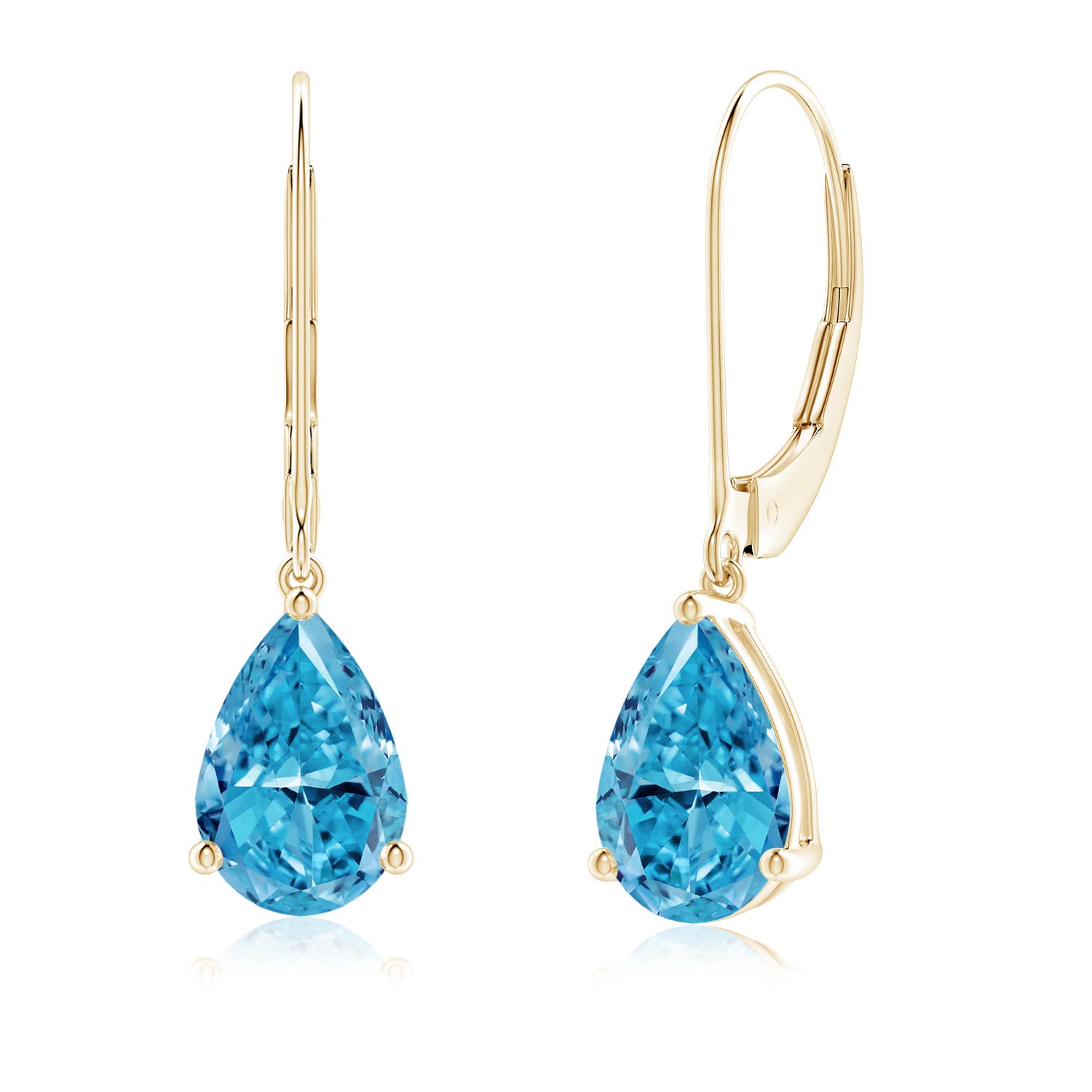 Angara 2.0 CTW Solitaire Pear-Shaped Fancy Intense Blue Diamond Leverback Earrings in 14K Yellow Gold