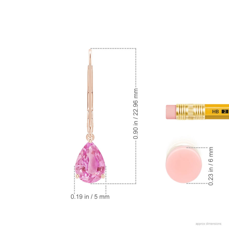 7x5mm A Solitaire Pear-Shaped Pink Sapphire Leverback Earrings in Rose Gold ruler