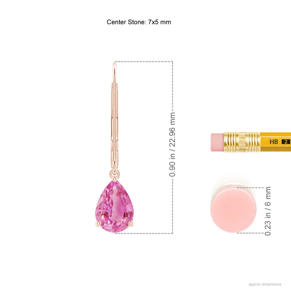 7x5mm AA Solitaire Pear-Shaped Pink Sapphire Leverback Earrings in Rose Gold ruler