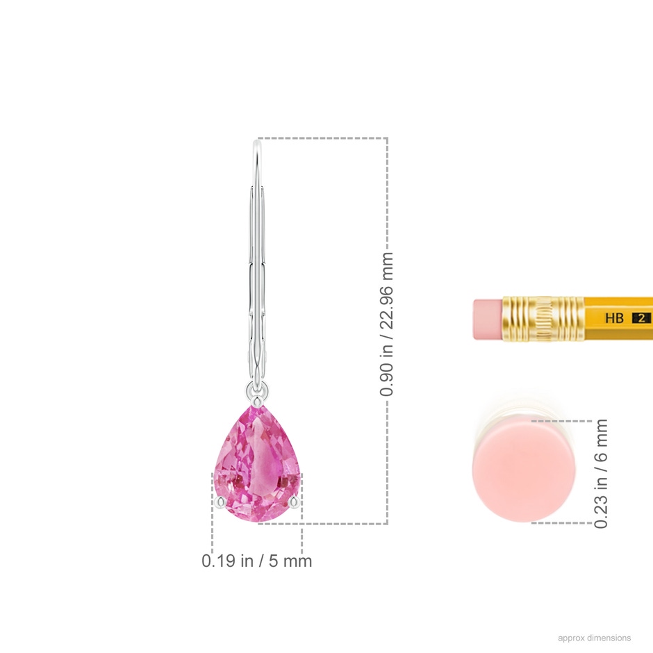 7x5mm AA Solitaire Pear-Shaped Pink Sapphire Leverback Earrings in White Gold ruler