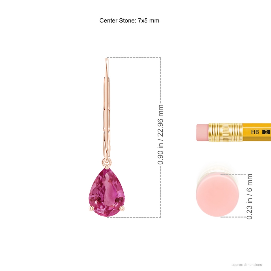 7x5mm AAAA Solitaire Pear-Shaped Pink Sapphire Leverback Earrings in Rose Gold ruler