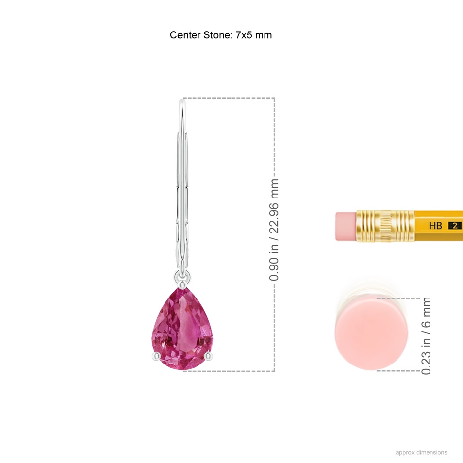 7x5mm AAAA Solitaire Pear-Shaped Pink Sapphire Leverback Earrings in White Gold ruler
