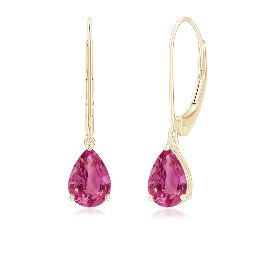 7x5mm AAAA Solitaire Pear-Shaped Pink Sapphire Leverback Earrings in Yellow Gold
