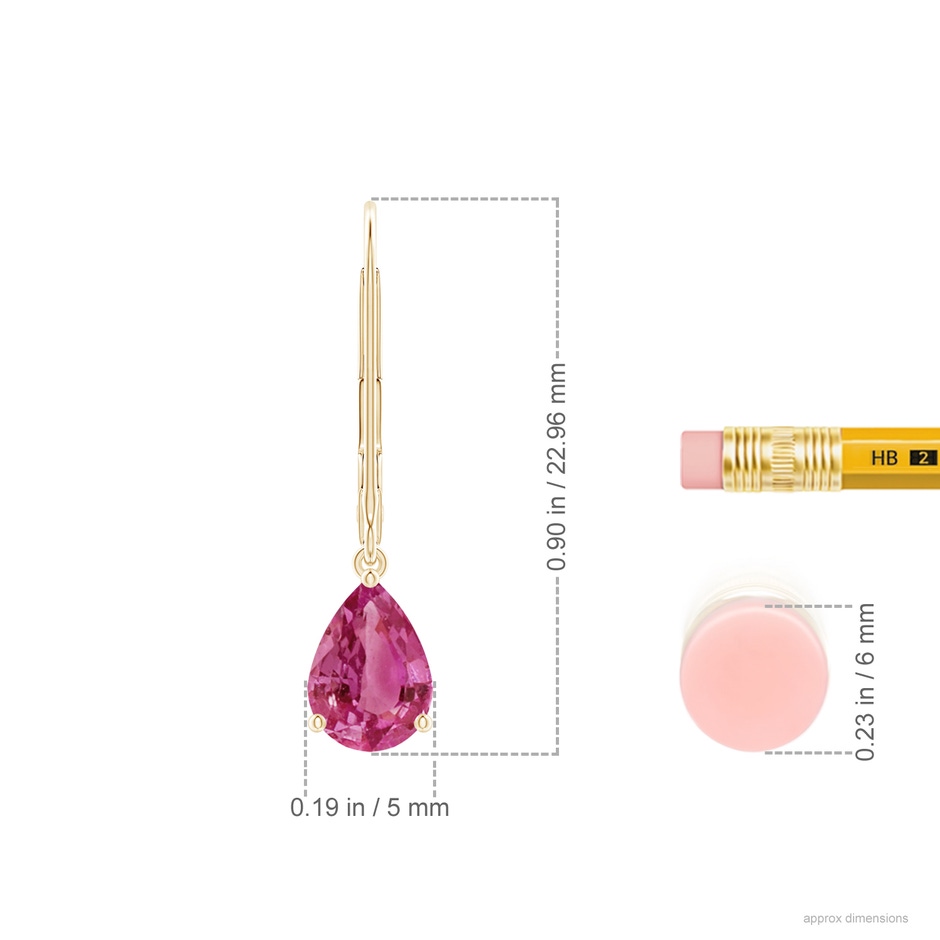 7x5mm AAAA Solitaire Pear-Shaped Pink Sapphire Leverback Earrings in Yellow Gold ruler