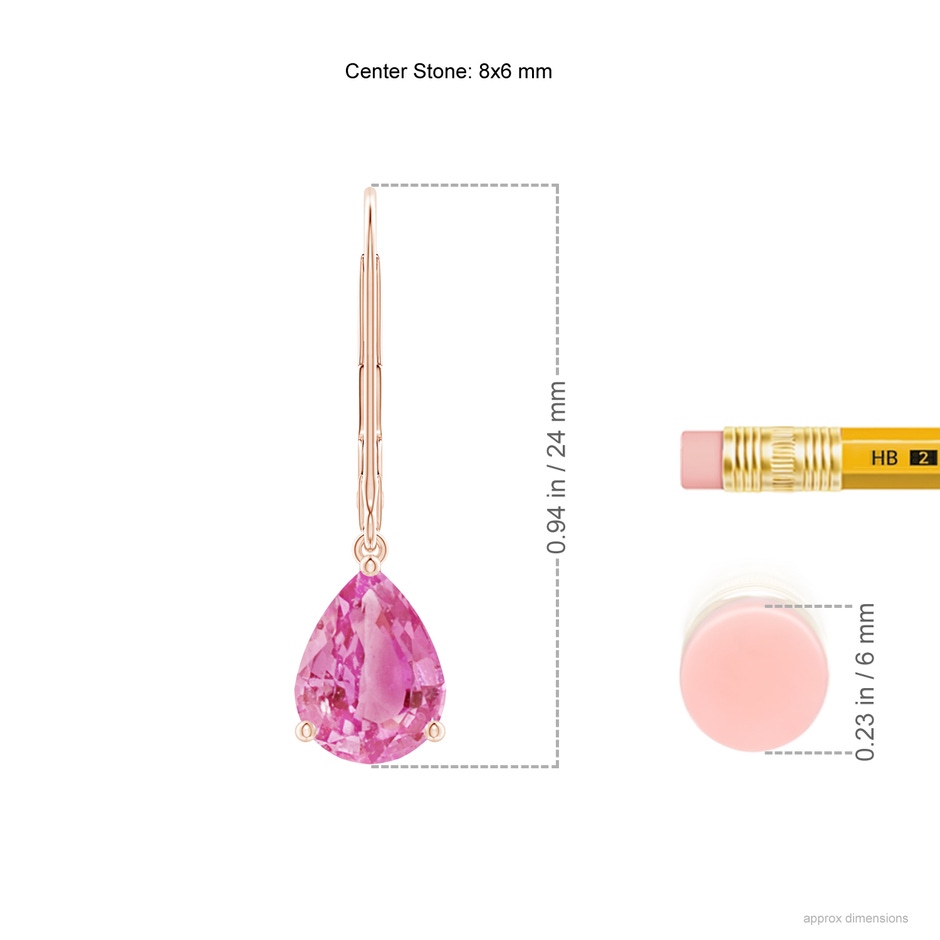 8x6mm AA Solitaire Pear-Shaped Pink Sapphire Leverback Earrings in Rose Gold ruler