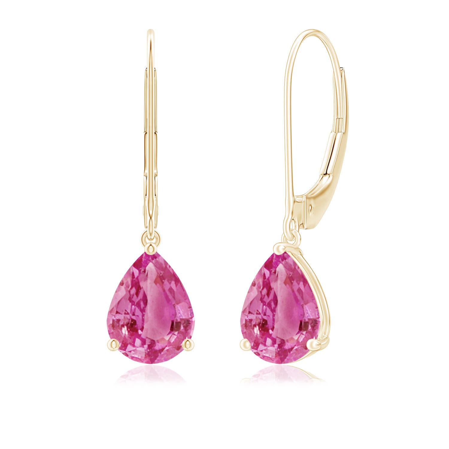 8x6mm AAA Solitaire Pear-Shaped Pink Sapphire Leverback Earrings in 18CT Yellow Gold