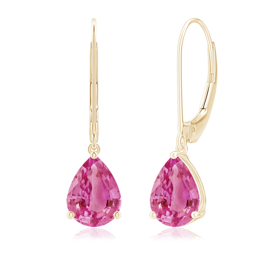 8x6mm AAA Solitaire Pear-Shaped Pink Sapphire Leverback Earrings in Yellow Gold 