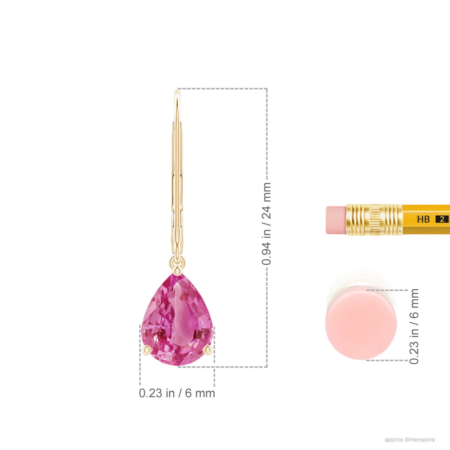 8x6mm AAA Solitaire Pear-Shaped Pink Sapphire Leverback Earrings in Yellow Gold - ruler