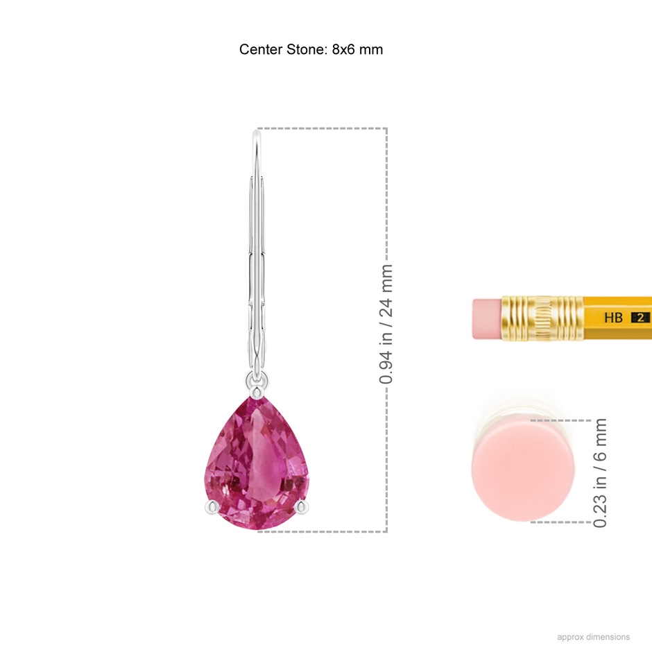 8x6mm AAAA Solitaire Pear-Shaped Pink Sapphire Leverback Earrings in P950 Platinum ruler