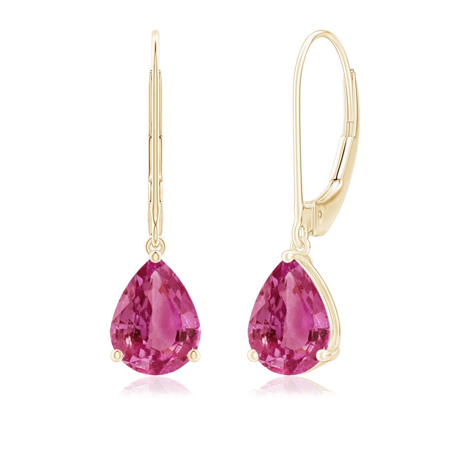 8x6mm AAAA Solitaire Pear-Shaped Pink Sapphire Leverback Earrings in Yellow Gold 