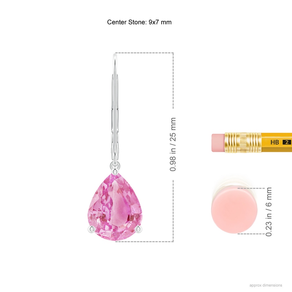 9x7mm A Solitaire Pear-Shaped Pink Sapphire Leverback Earrings in P950 Platinum ruler