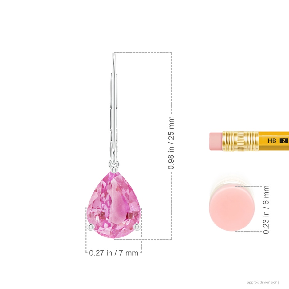 9x7mm A Solitaire Pear-Shaped Pink Sapphire Leverback Earrings in White Gold ruler