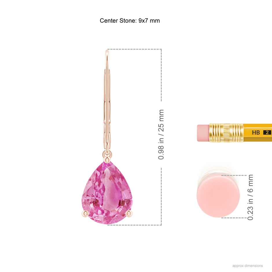 9x7mm AA Solitaire Pear-Shaped Pink Sapphire Leverback Earrings in Rose Gold ruler