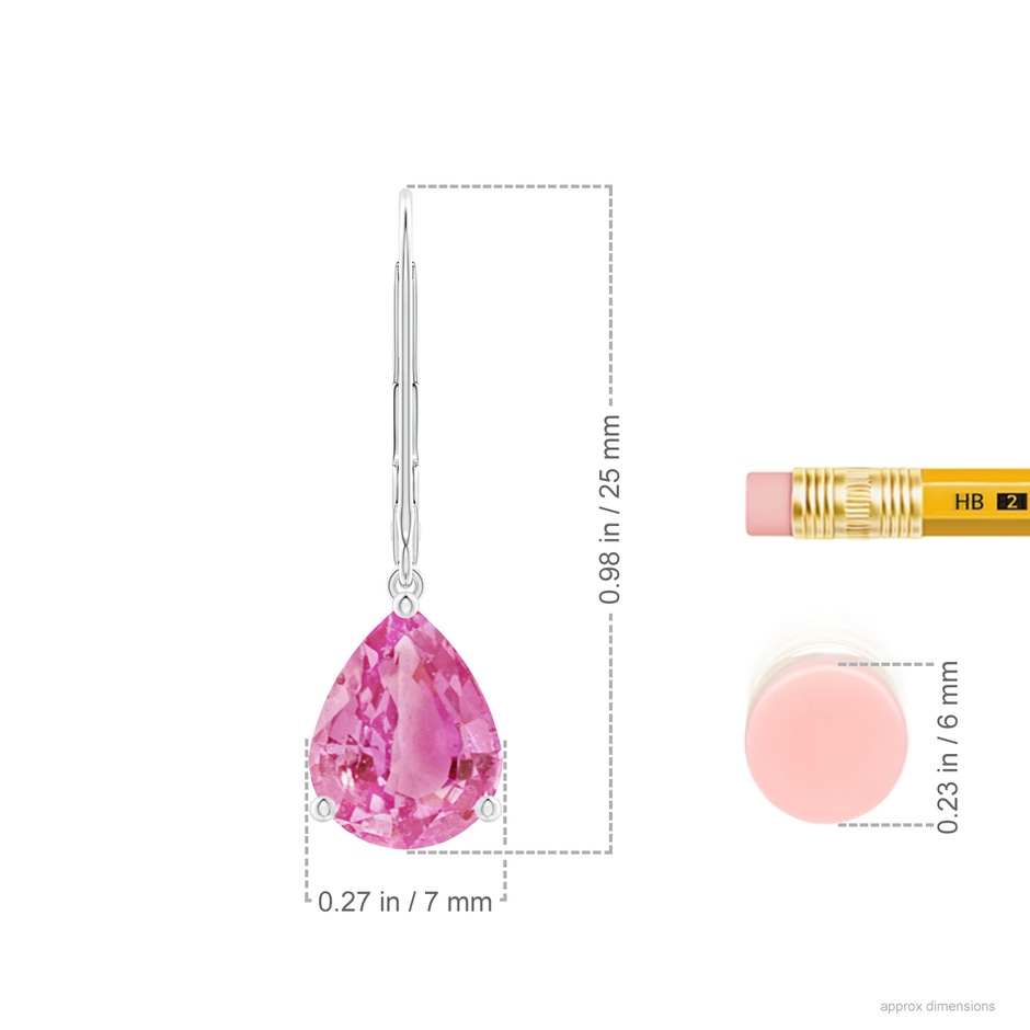 9x7mm AA Solitaire Pear-Shaped Pink Sapphire Leverback Earrings in White Gold ruler