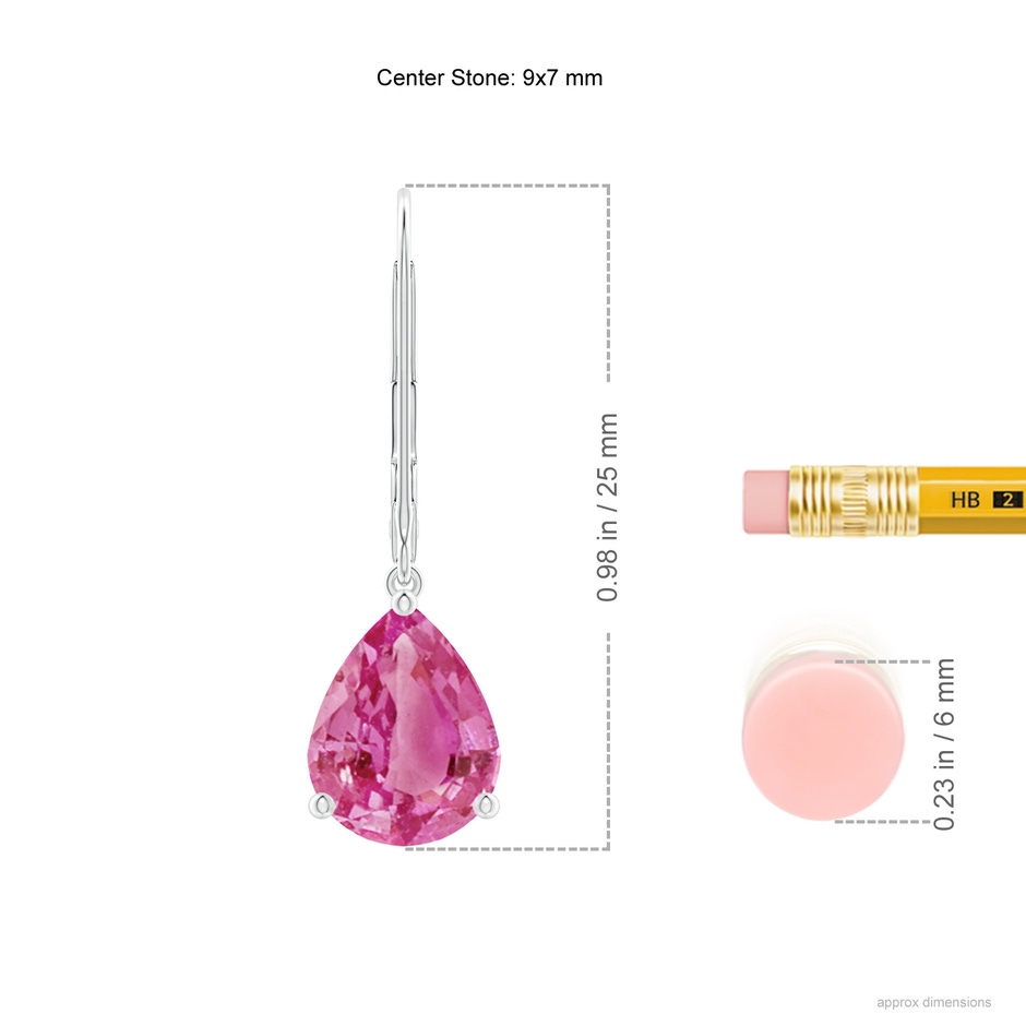 9x7mm AAA Solitaire Pear-Shaped Pink Sapphire Leverback Earrings in P950 Platinum ruler