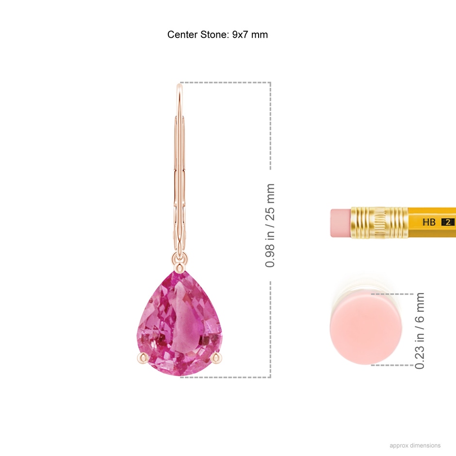 9x7mm AAA Solitaire Pear-Shaped Pink Sapphire Leverback Earrings in Rose Gold ruler