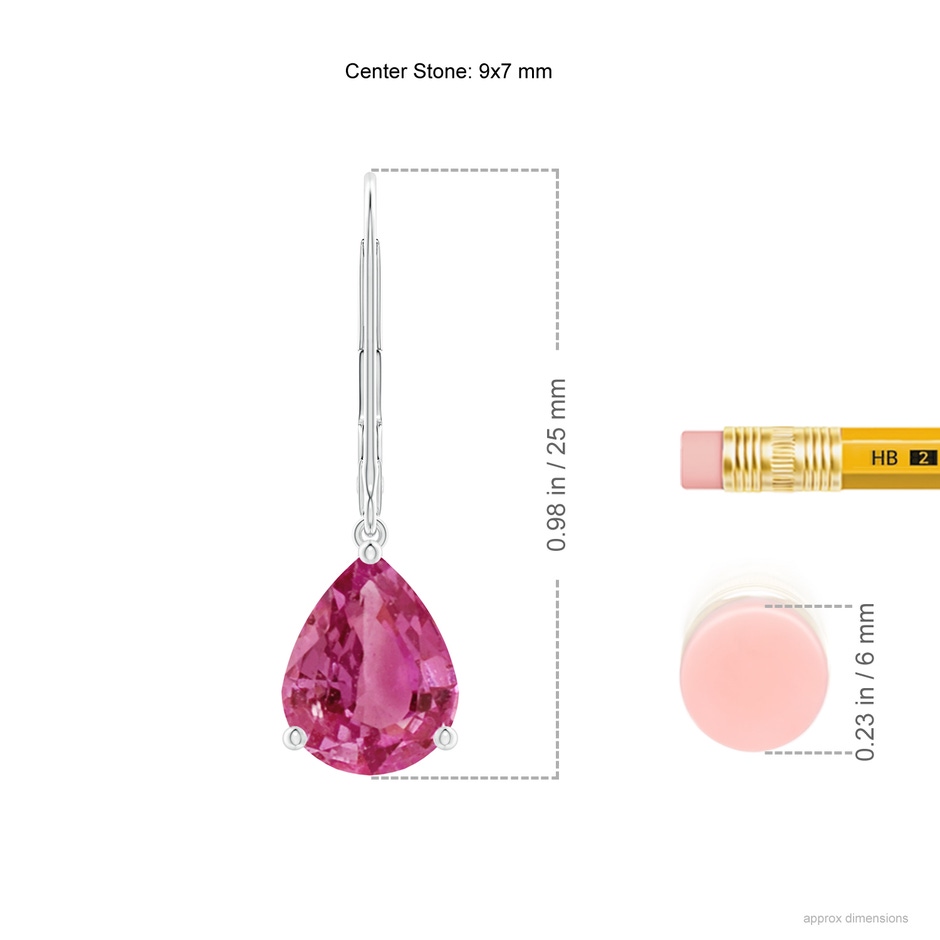 9x7mm AAAA Solitaire Pear-Shaped Pink Sapphire Leverback Earrings in P950 Platinum ruler