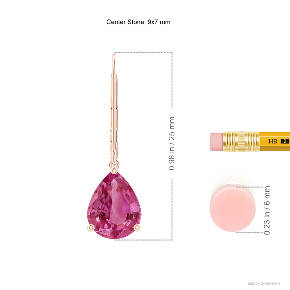 9x7mm AAAA Solitaire Pear-Shaped Pink Sapphire Leverback Earrings in Rose Gold ruler