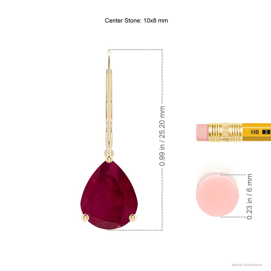 10x8mm A Solitaire Pear-Shaped Ruby Leverback Earrings in Yellow Gold ruler