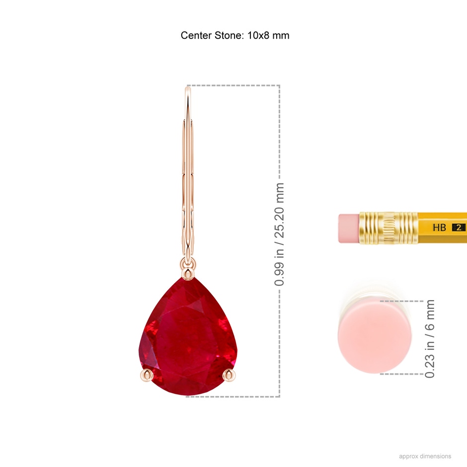 10x8mm AAA Solitaire Pear-Shaped Ruby Leverback Earrings in Rose Gold ruler