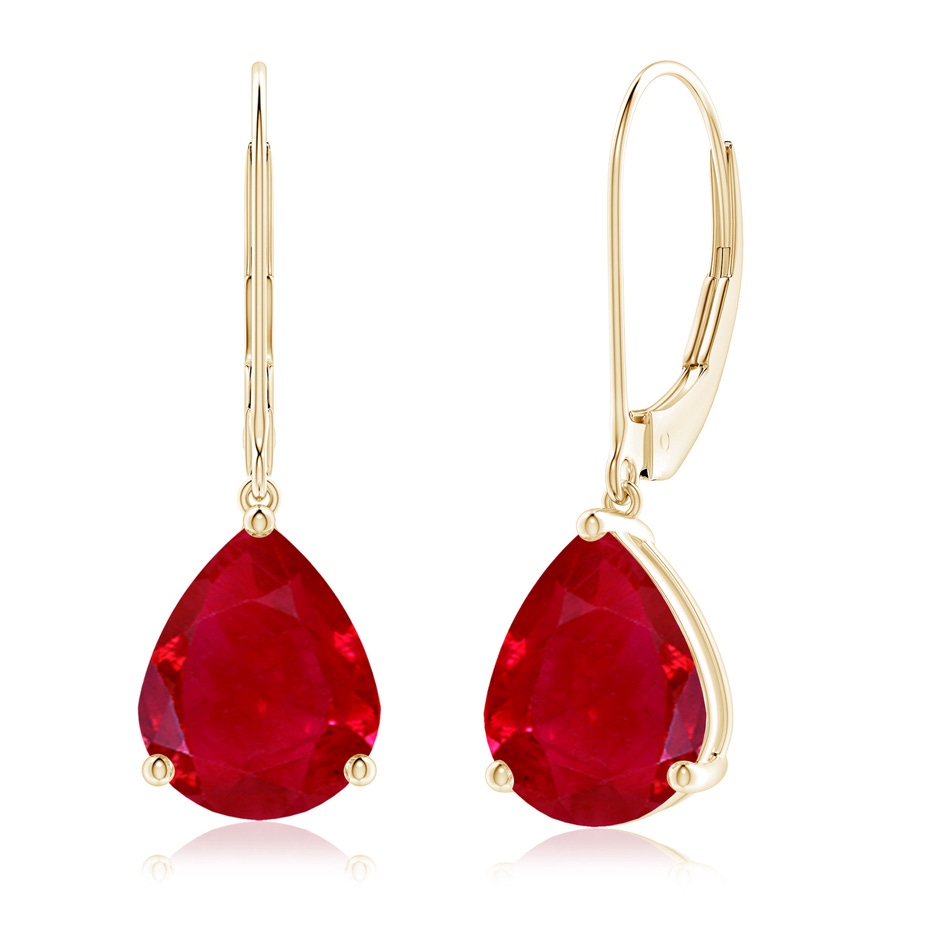 10x8mm AAA Solitaire Pear-Shaped Ruby Leverback Earrings in Yellow Gold 