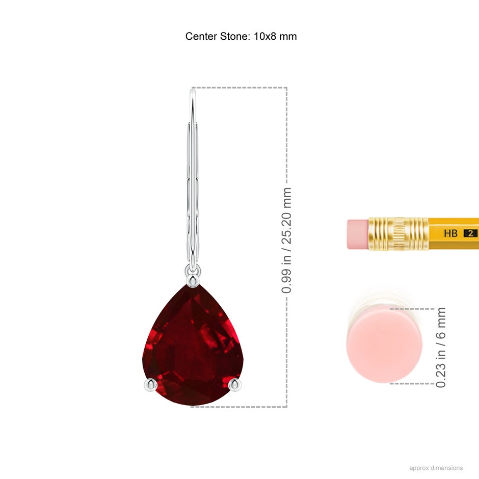 10x8mm AAAA Solitaire Pear-Shaped Ruby Leverback Earrings in P950 Platinum ruler