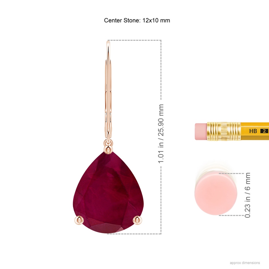 12x10mm A Solitaire Pear-Shaped Ruby Leverback Earrings in Rose Gold ruler