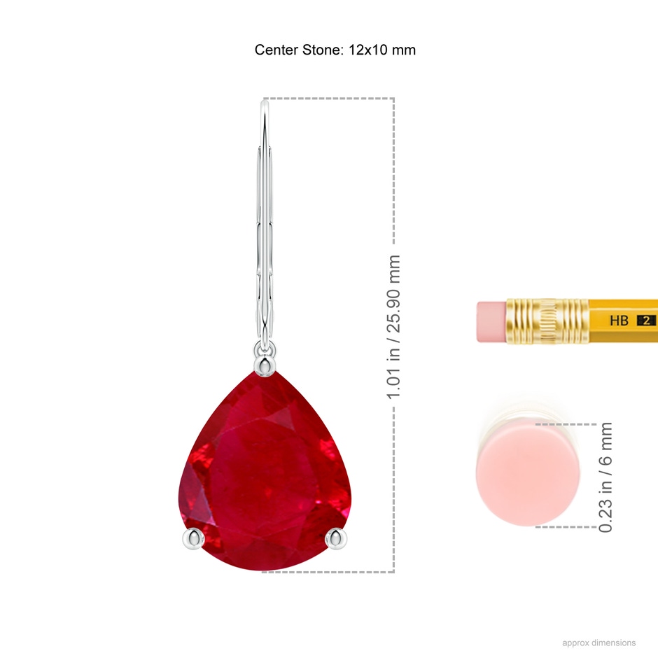 12x10mm AAA Solitaire Pear-Shaped Ruby Leverback Earrings in P950 Platinum ruler