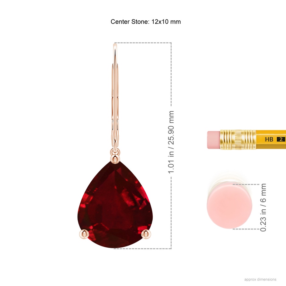 12x10mm AAAA Solitaire Pear-Shaped Ruby Leverback Earrings in Rose Gold ruler