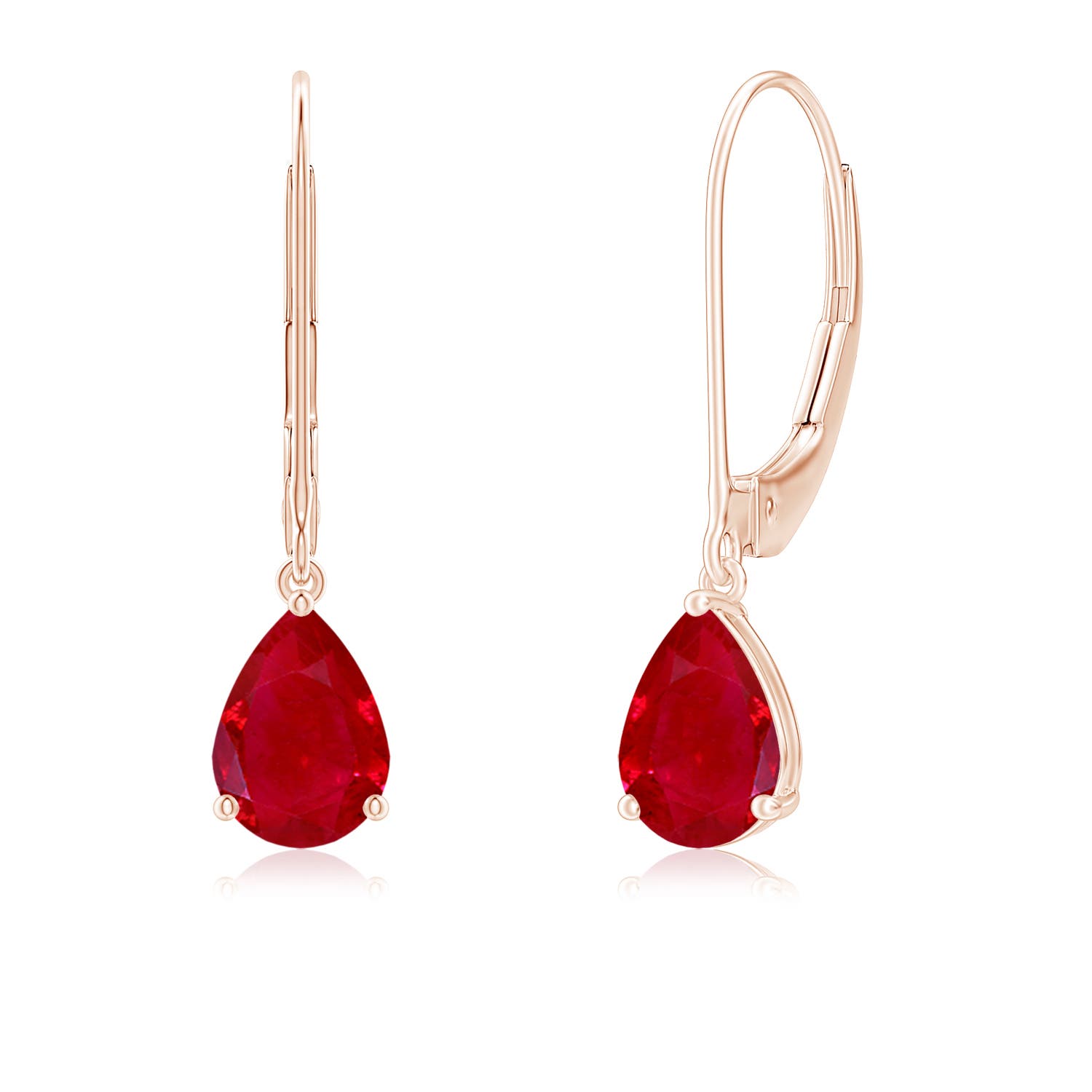 7x5mm AAA Solitaire Pear-Shaped Ruby Leverback Earrings in 18K Rose Gold