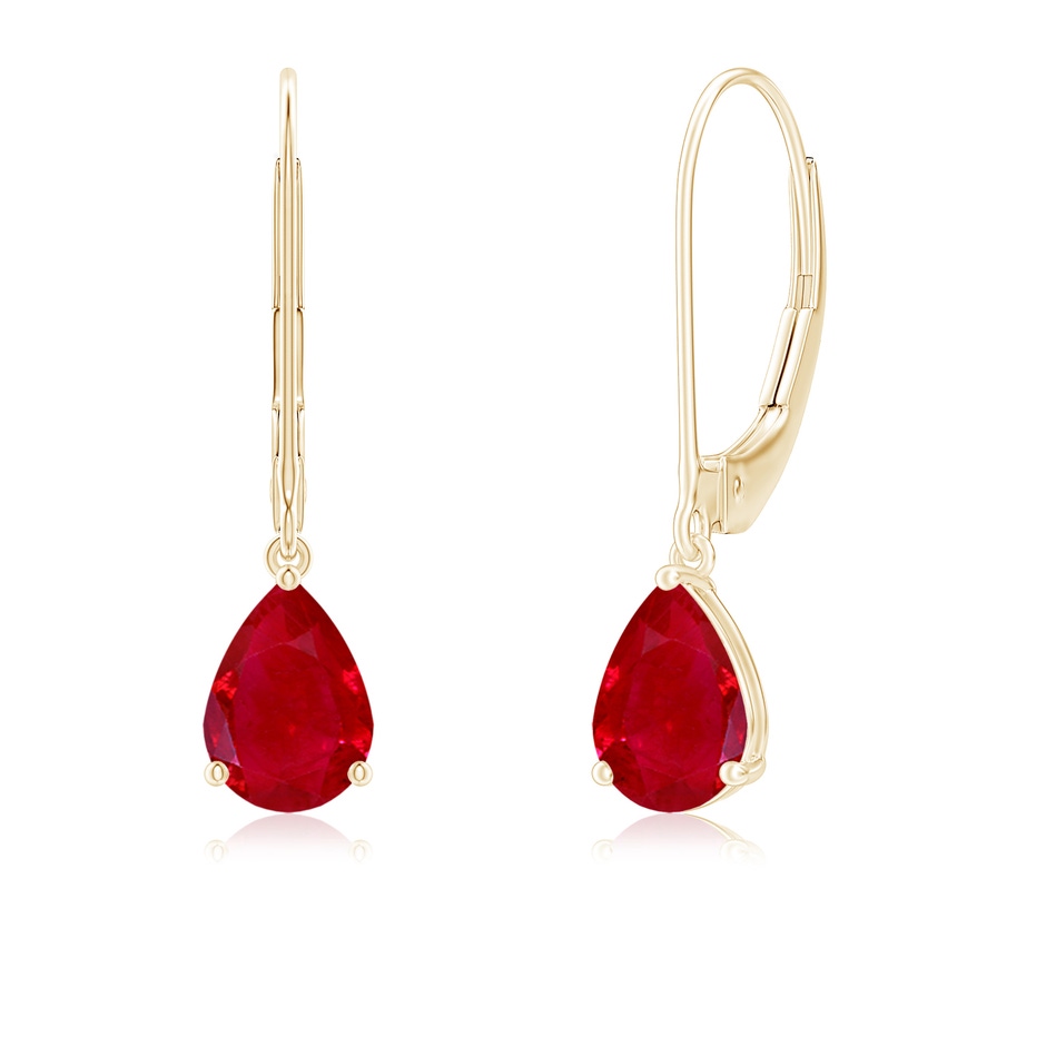 7x5mm AAA Solitaire Pear-Shaped Ruby Leverback Earrings in 18K Yellow Gold 
